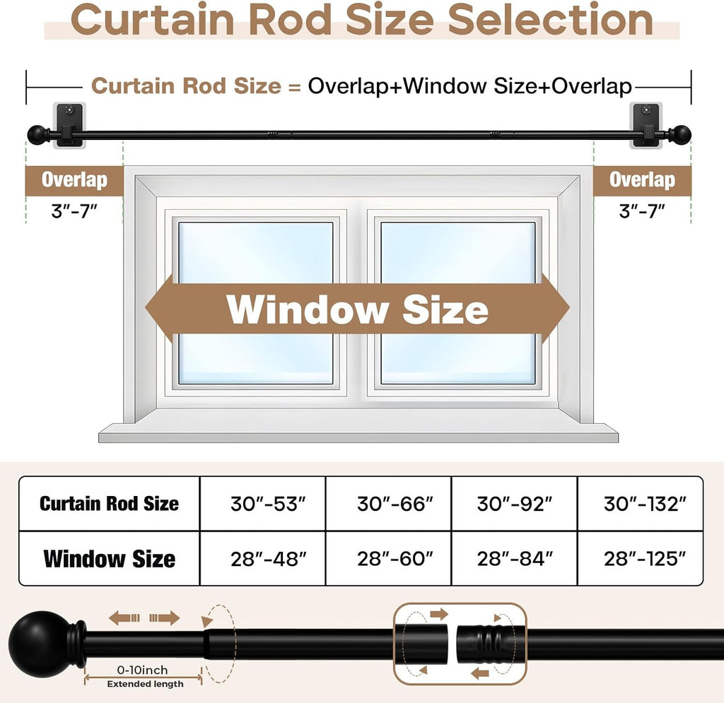 no-drill curtain rod with adhesive & pin-nail mount showing dimensions