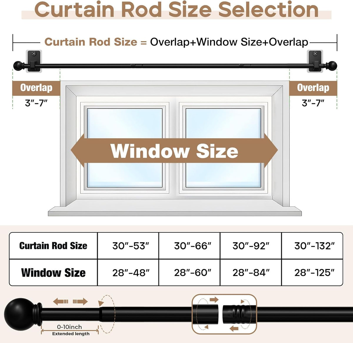 no-drill curtain rod with adhesive & pin-nail mount showing dimensions