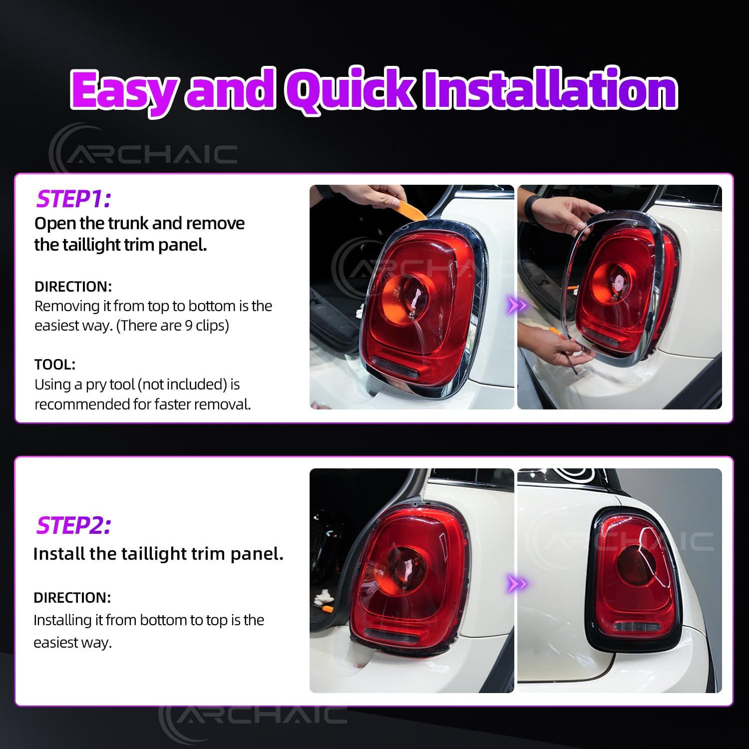 Archaic Rear Tail Light Cover Bezel Surround Trim Compatible with Mini Cooper F55 F56 F57 Hatchback/Convertible 2014-2024, ABS Taillight Ring,Glossy Black,Pair