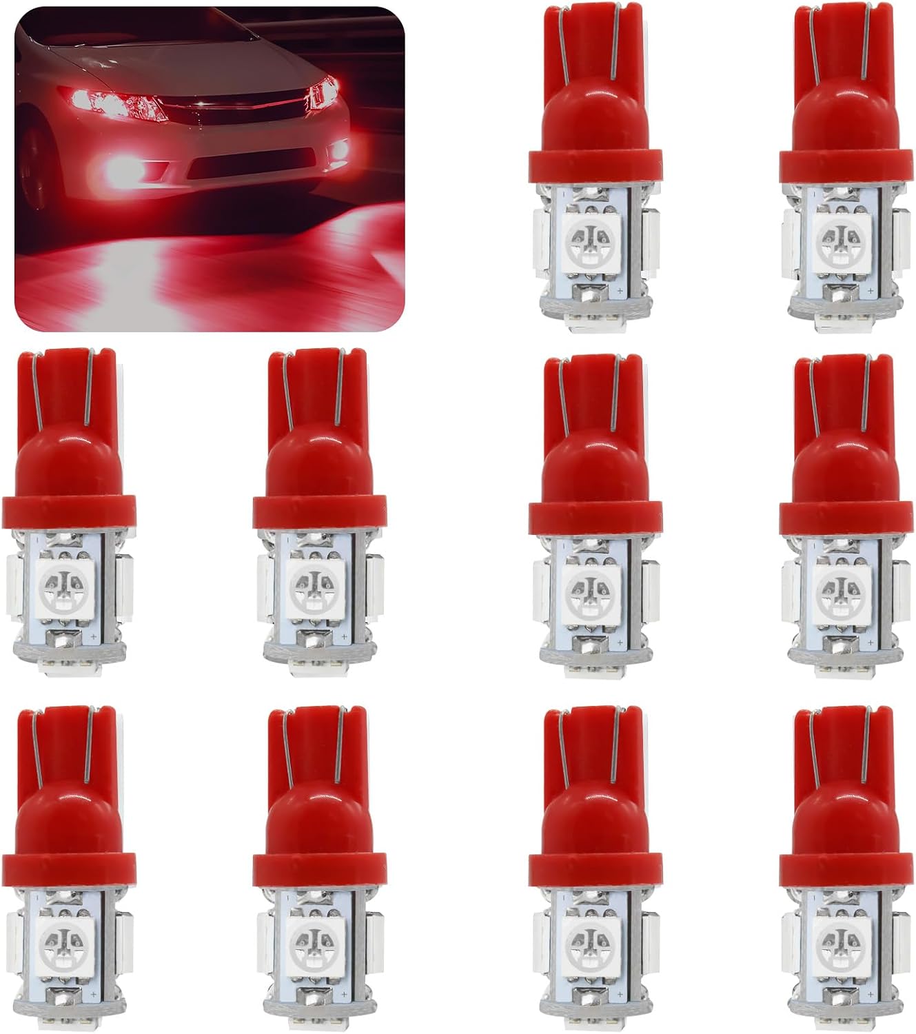 wuyaoyao 10PCS 194 LED Light Bulb, 6000K T10 168 W5W 2825 5SMD 5050 Chips LED Replacement Bulbs, 12V Wedge LED Light Bulb for Car Dome Interior Map Door Courtesy License Plate Lights (Red)