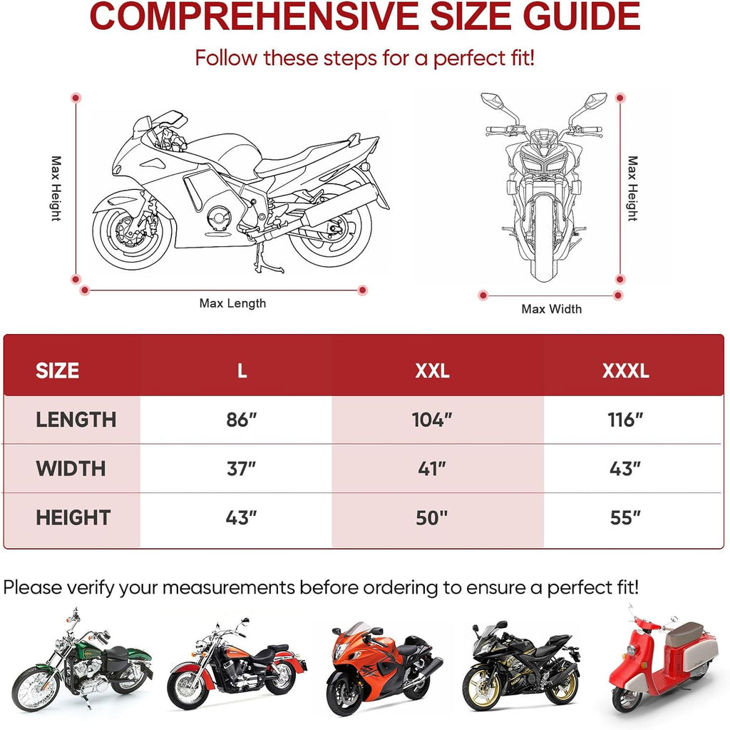 NEVERLAND Motorcycle Cover Waterproof Outdoor - All Season Scooter Covers Heavy Duty with 2 Lock-Holes, Bandage & Storage Bag Fits Most Motorcycles, Scooters, Dirt Bikes, Sportbikes (Up to 104”)