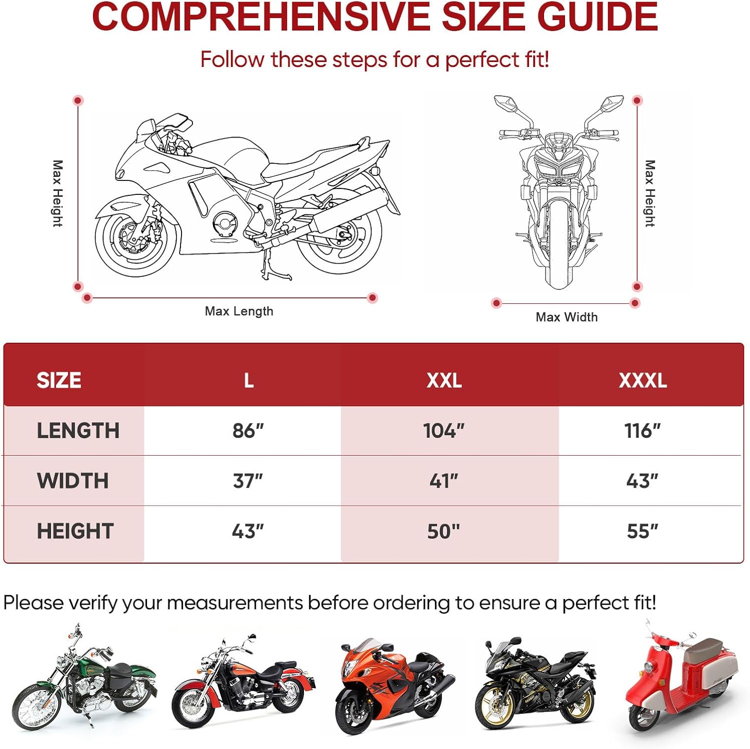 NEVERLAND Motorcycle Cover Waterproof Outdoor - All Season Scooter Covers Heavy Duty with 2 Lock-Holes, Bandage & Storage Bag Fits Most Motorcycles, Scooters, Dirt Bikes, Sportbikes (Up to 104”)