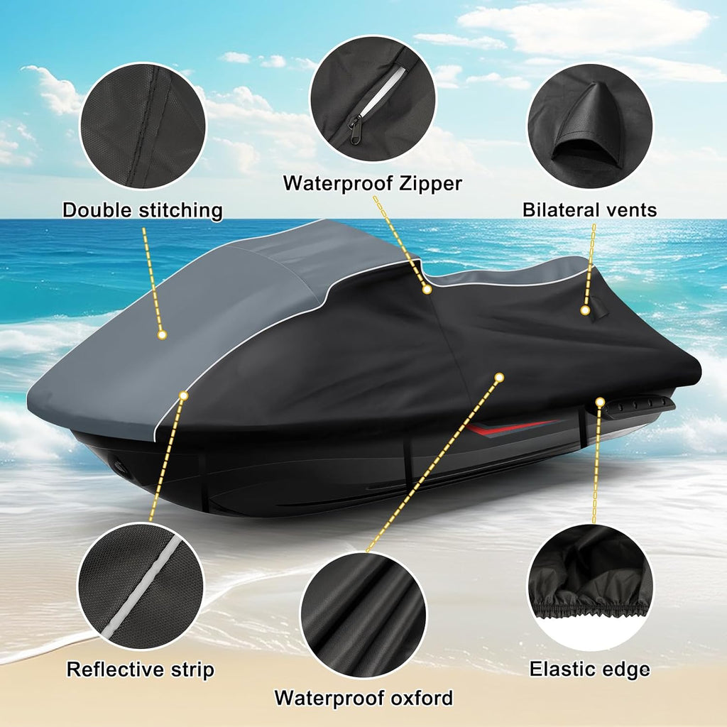 QUNSUNUS Jet Ski Cover for Sea Doo Spark 3up/Trixx 3up 2014-2025, Waterproof Covers with Zipper, All Weather Seadoo Cover with Elastic Edge for Wind, Sun, UV and Dust Protection