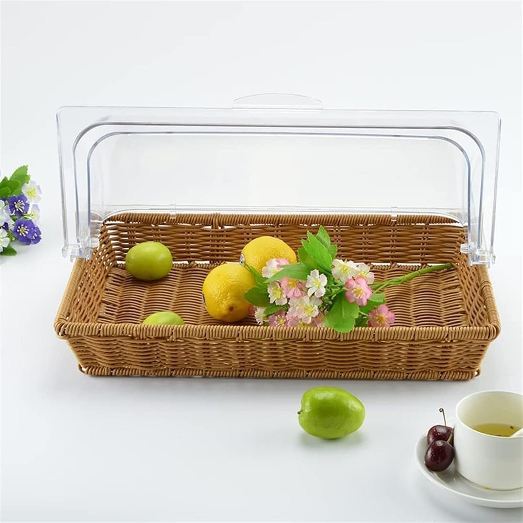 Fruit Basket Bread Basket Imitation Wicker Basket With Lid Rectangular Food Display Basket Woven Bread Tray With Clear Flip Lid(B)