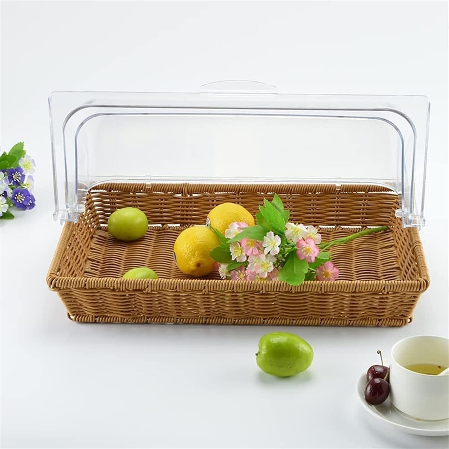 Fruit Basket Bread Basket Imitation Wicker Basket With Lid Rectangular Food Display Basket Woven Bread Tray With Clear Flip Lid(B)
