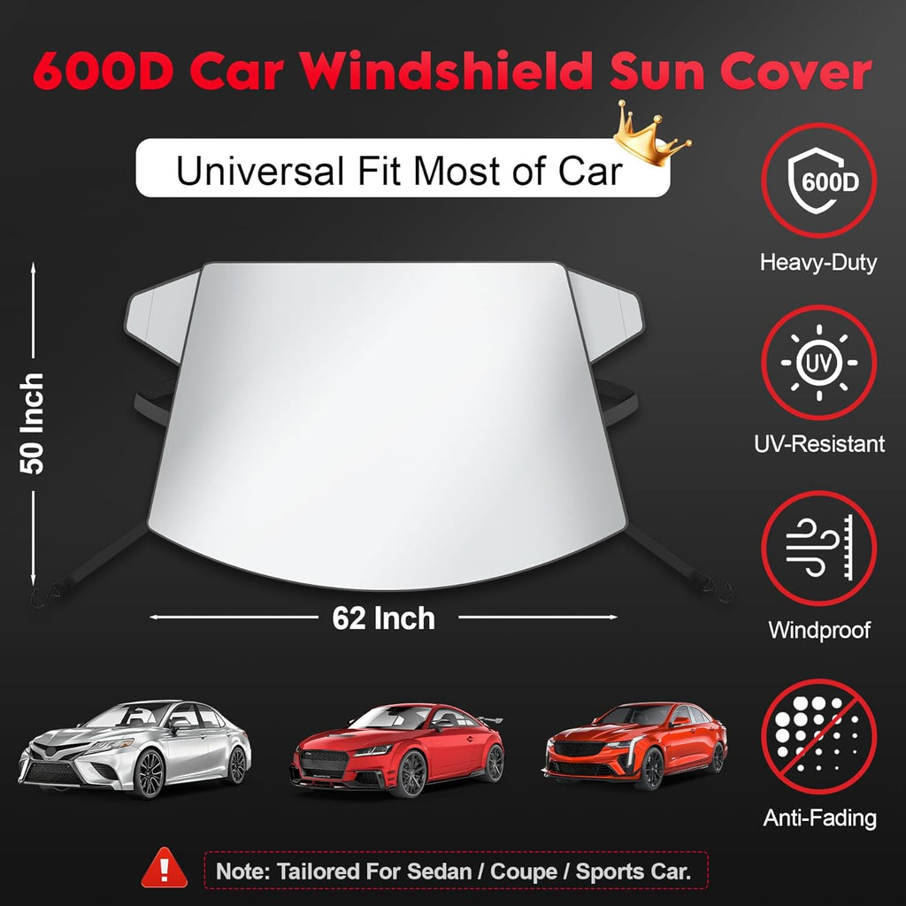 Zettum Car Windshield Sun Cover - 600D Windshield Sun Shade Window Cover Heavy Duty & UV Resistant, Outside Summer Sunshade Protector for Most Sedan Cars (62 x 50 Inch)