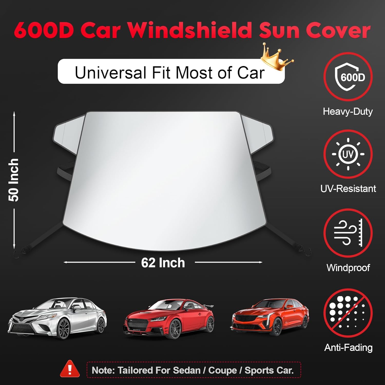 Zettum Car Windshield Sun Cover - 600D Windshield Sun Shade Window Cover Heavy Duty & UV Resistant, Outside Summer Sunshade Protector for Most Sedan Cars (62 x 50 Inch)