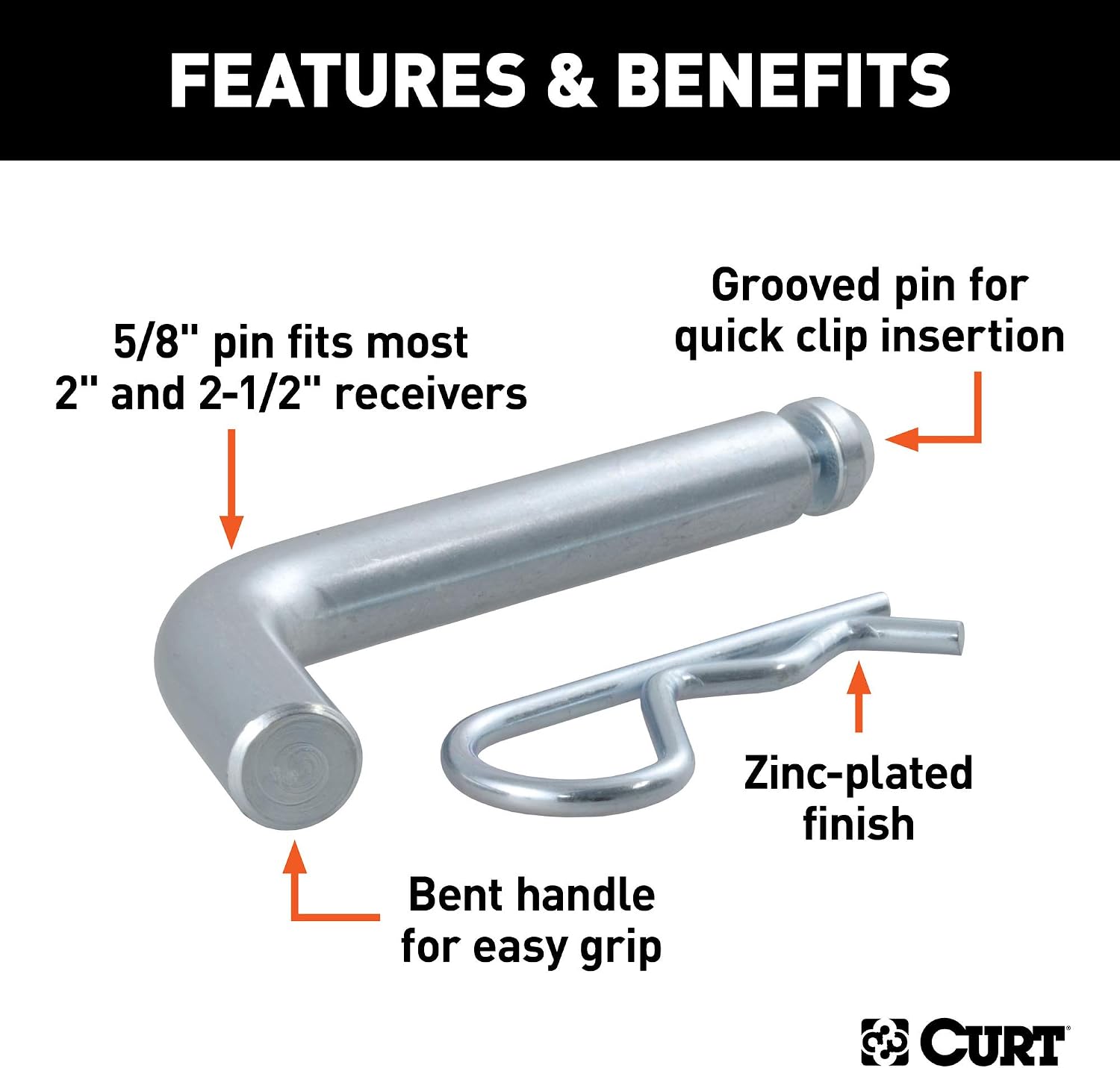CURT 21583 Trailer Hitch Pin & Clip with Grooved Head, 5/8-Inch Diameter, Fits 2 or 2-1/2-Inch Receiver