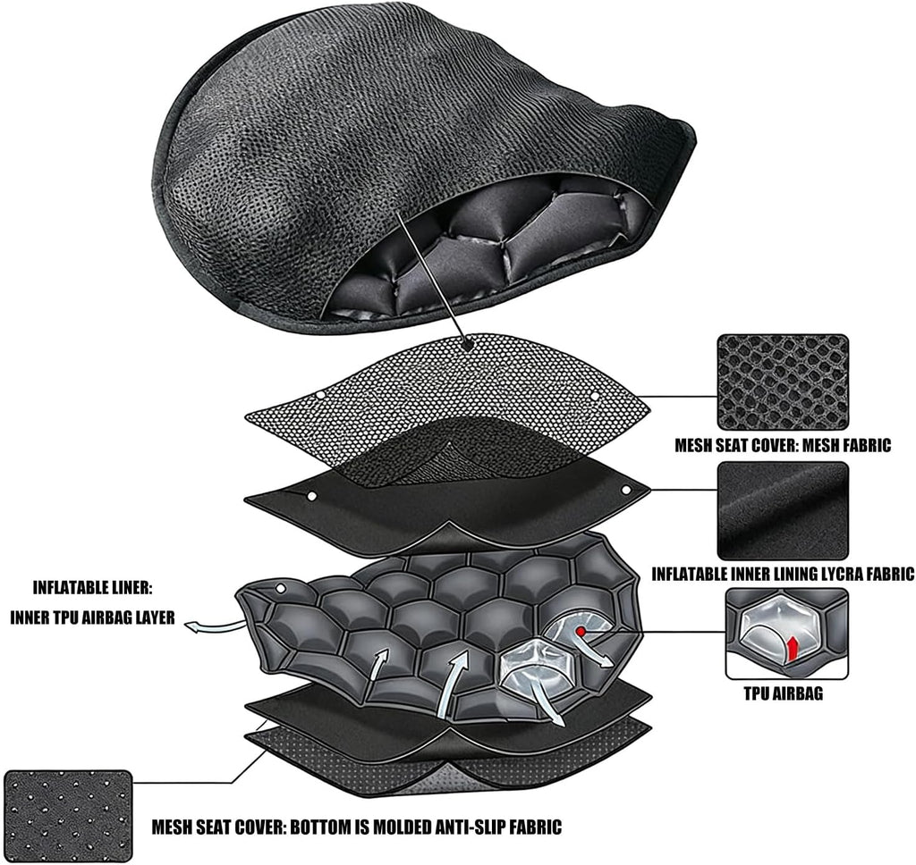 Motorcycle Air Cushions Seat Pad with TPU and Fabric Inflatable Seat Cover for Shock Absorption & Cooling Comfort
