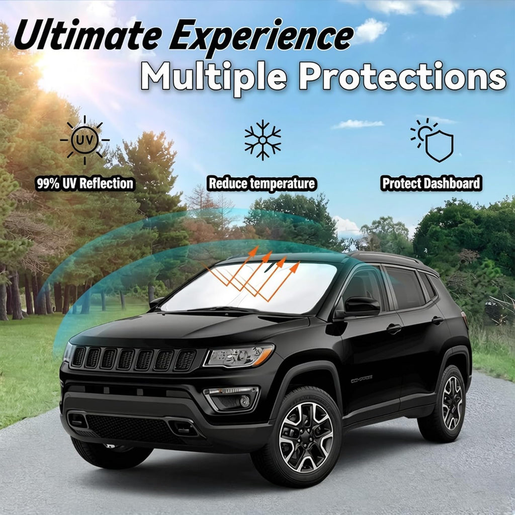 Windshield Sun Shade for Jeep Compass 2017-2025, Car Front Window Sunshade with 240T Sun Visor Protector Blocks UV Rays Heat Sun Shield Accessories
