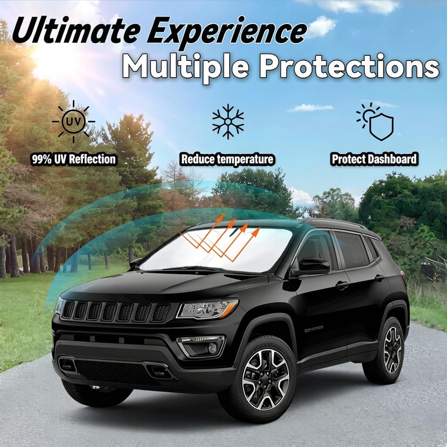 Windshield Sun Shade for Jeep Compass 2017-2025, Car Front Window Sunshade with 240T Sun Visor Protector Blocks UV Rays Heat Sun Shield Accessories