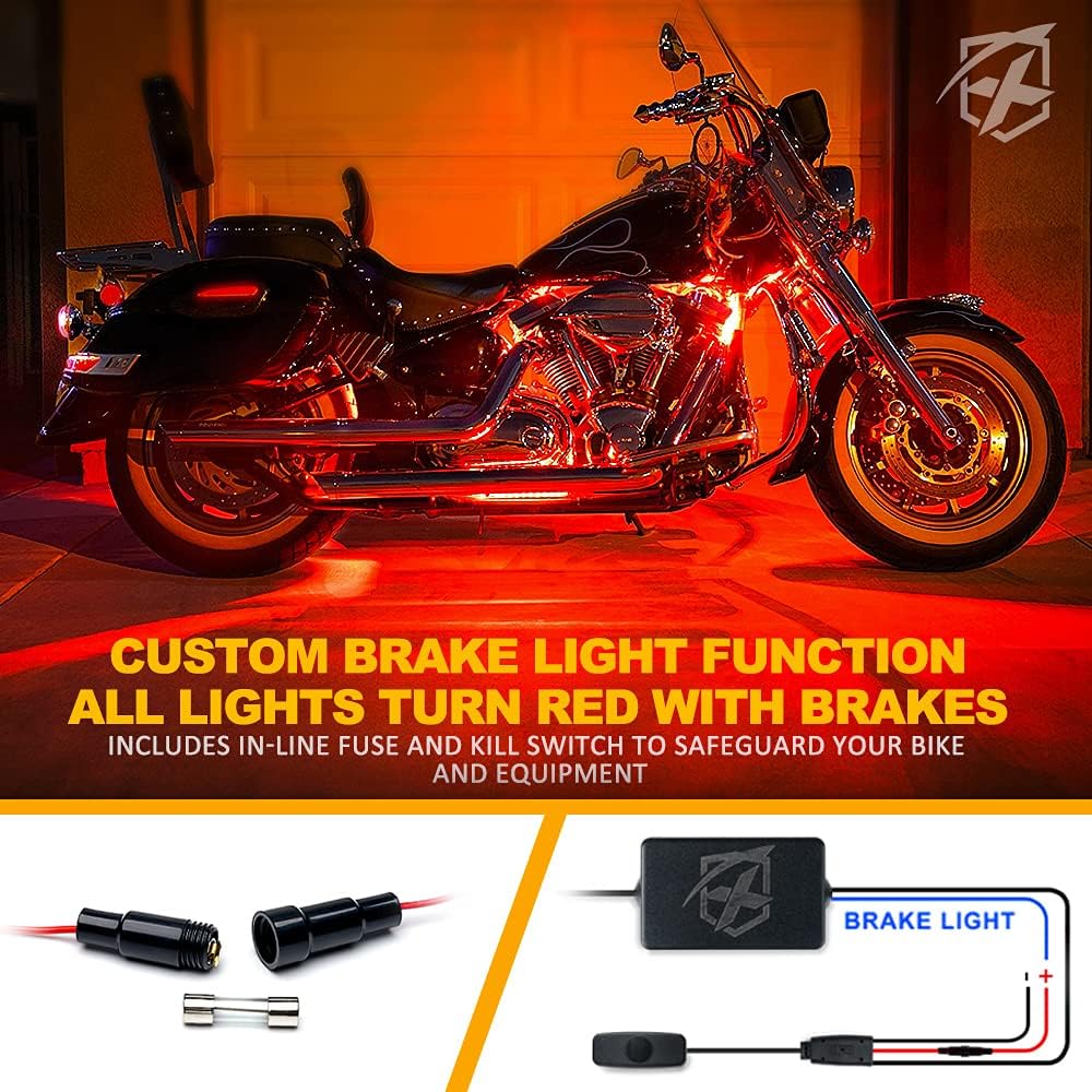 Xprite Motorcycle RGB LED Light Kit Waterproof w/Wireless Remote Control Underglow Neon Lights Strips Red Brake Lamp Function for Harley Davidson Honda Kawasaki Suzuki 8PCS