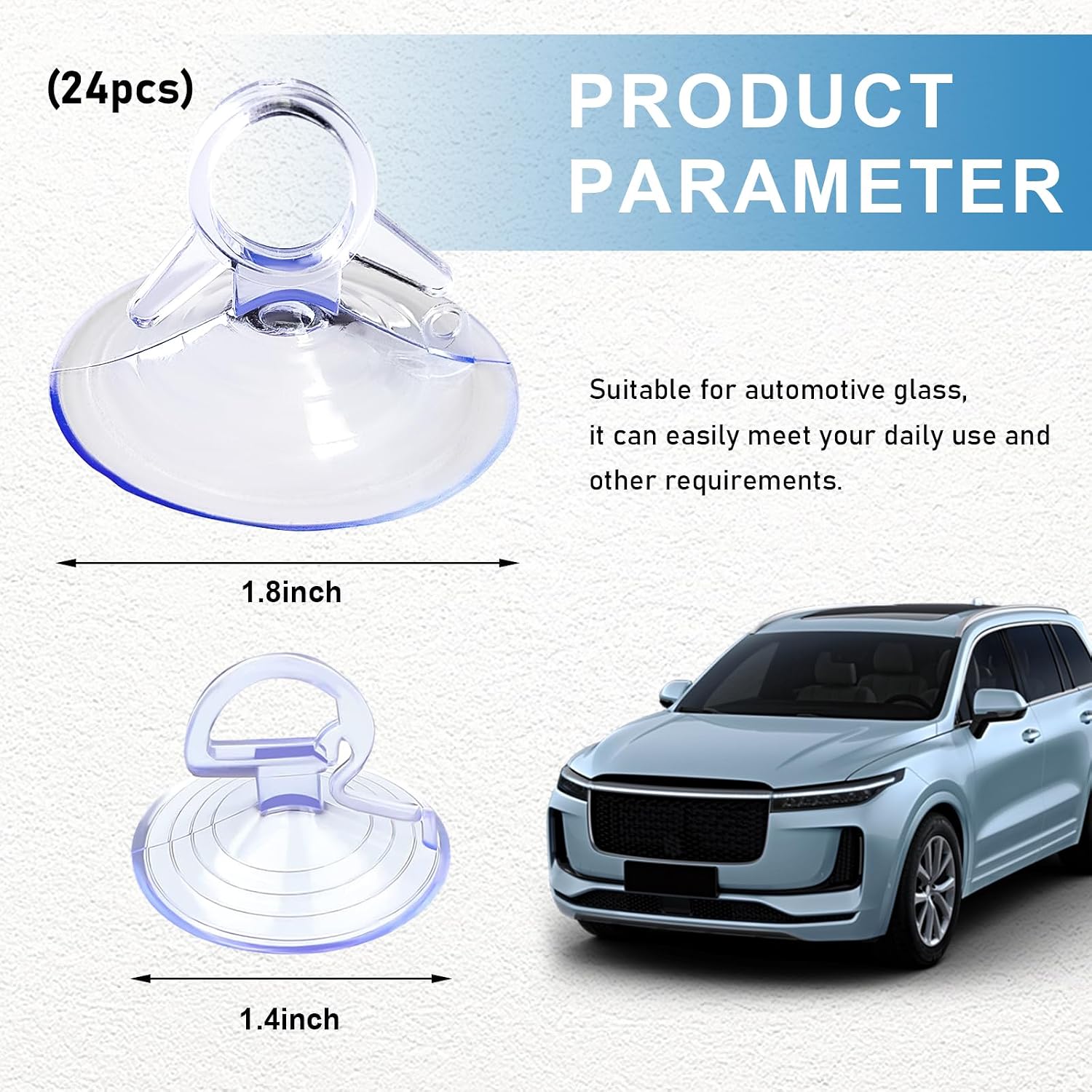 Ohleats 24PCS Car Glass Windshield Sunshade Suction Cups, Powerful Pull Ring Dovetail Sucker Hooks, Multi-Purpose Window Suction Cups for Kitchen Bathroom, Car Accessories (Transparent, 4.5 cm)