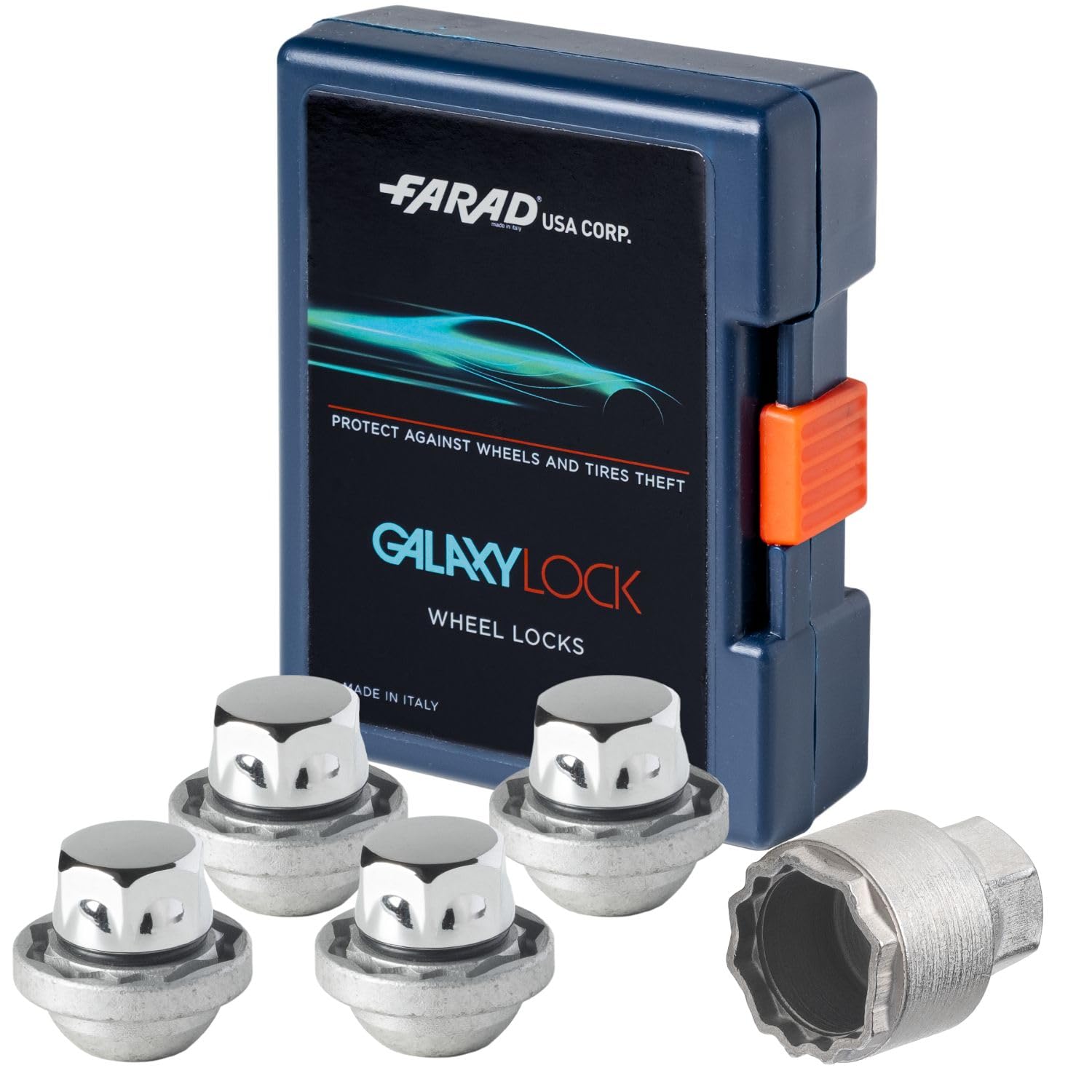 Farad GalaxyLock H1/M Chromed Lug nut Wheel-Locks Kit Suitable for Hyundai Santa Cruz (M12 X 1.5 Thread Size) - Set of 4 Lug Nuts + 1 Key