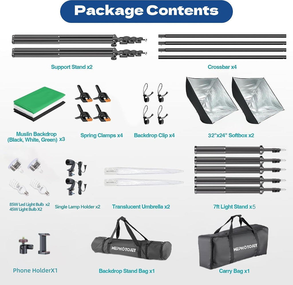 photography softboxes kit with 6.6x10ft backdrop stands, front angle view