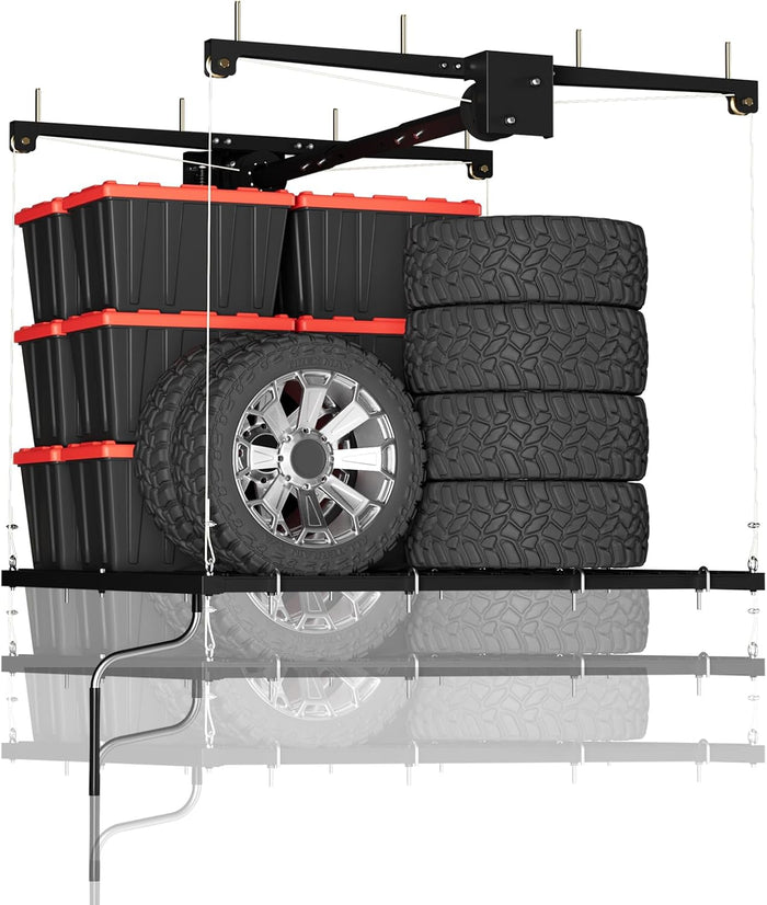 Overhead Garage Lifting Storage Rack, Maximize Your Garage Storage with Our 4x4 Ft Heavy-Duty Ceiling Storage Rack System, Supports 350 lbs, Adjustable & Easy to Install (Black 4x4 ft)