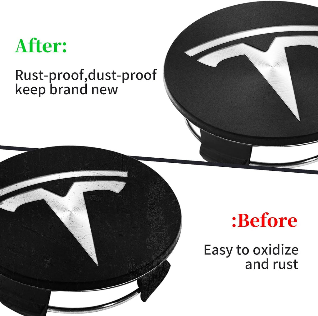 4 Pack Exterior Decoration Wheel Center Cover for Tesla Model 3 Model Y All Years,Only 56mm Hubcaps Wheel Rim Cover Center Caps Hubcaps+20 Black Lug Nut Covers (Matte Black+Silver Emblem)