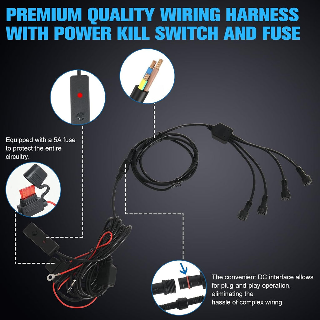 12pods Rock Lights Wiring Harness with Switch 20 AWG Waterproof Connector for Car, Off Road, UTV, ATV, Boat, Rv, Trucks, Pickup, RZR,Automotive Rock Work Light Wiring Harness