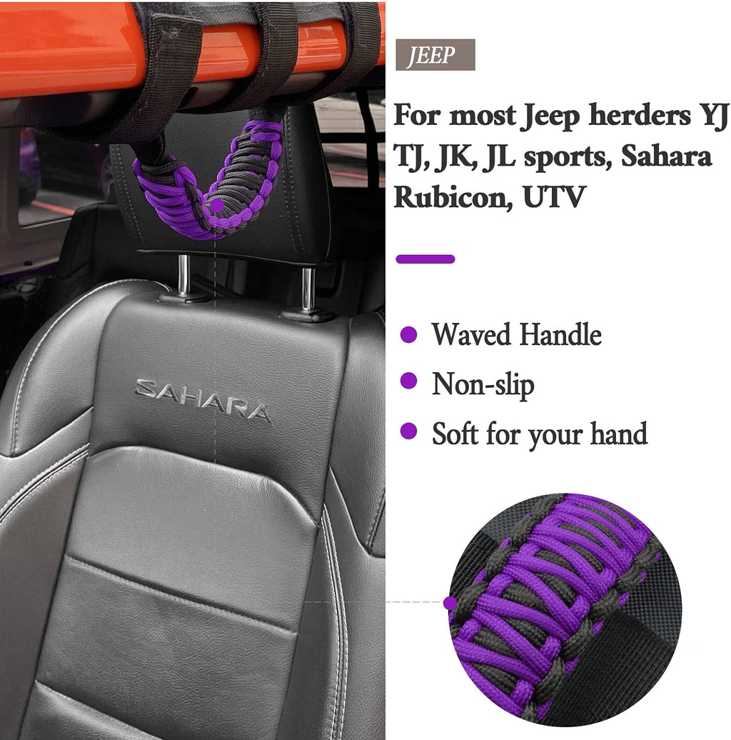 Kujunpao4 X Roll Bar Grab Handles Grip Handle Compatible with Jeep Wrangler JLU JK JKU TJ YJ LJ JT JL & Gladiator JT 1987-2021 UTV & ATV, Fits 1.5 to 3 Inch Bars 3 Straps Woven Holder(Purple)