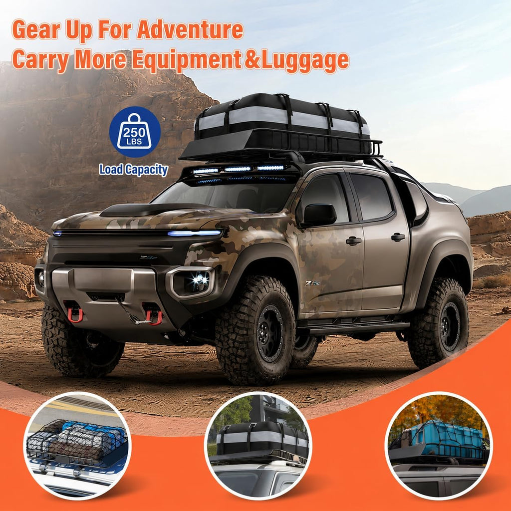 Adjustable Roof Rack Basket 45"-64" x 36" x 5" with 20 Cu.Ft Waterproof Cargo Bag - Heavy Duty Steel Cargo Carrier for SUV Truck Van, 250 lbs Capacity, Complete Accessory Kit
