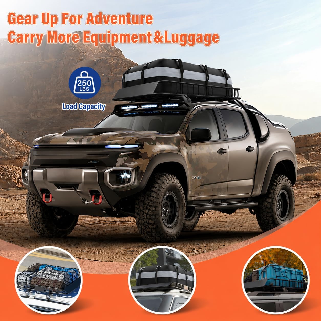 Adjustable Roof Rack Basket 45"-64" x 36" x 5" with 20 Cu.Ft Waterproof Cargo Bag - Heavy Duty Steel Cargo Carrier for SUV Truck Van, 250 lbs Capacity, Complete Accessory Kit
