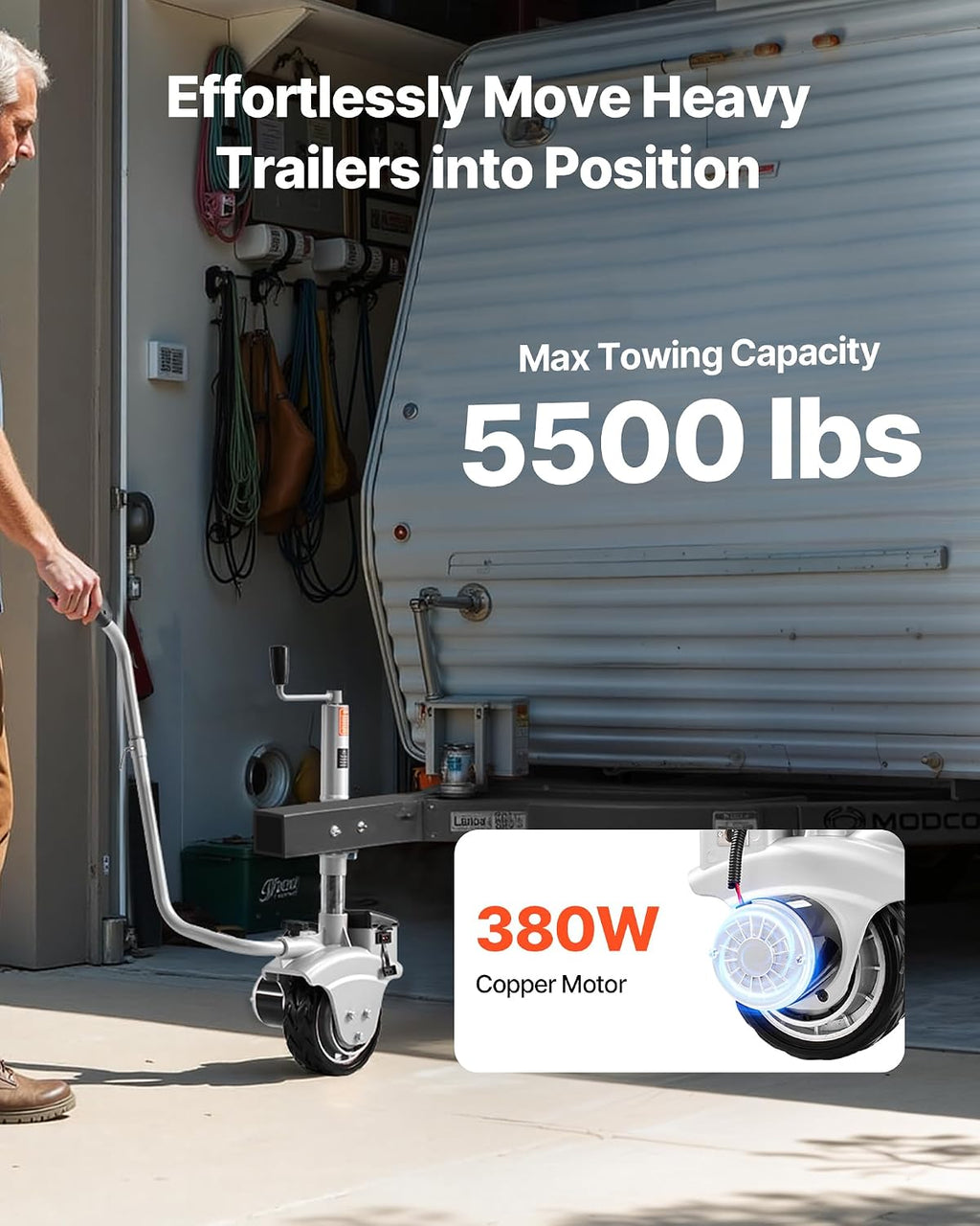 VEVOR Electric Trailer Dolly, 5500 lbs Towing Capacity, 380W 12V Motorized Jockey Wheel with 23 ft/min Moving Speed, 12.2-24.8 in Adjustable Clamp Height & 8 in Rubber Tire, for Moving Caravan Boat