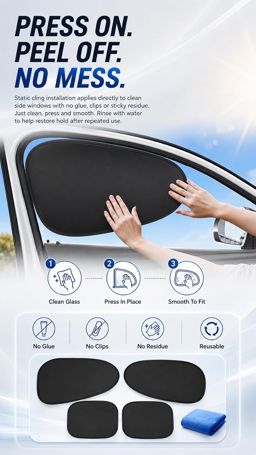 Static Cling Car Window Shades, Thermal Insulation Privacy Sun Shade, UV Heat Block Car Side Window Sun Blocker, Foldable Sunshade, Universal Fit SUV Sedan MPV, No Glue No Residue