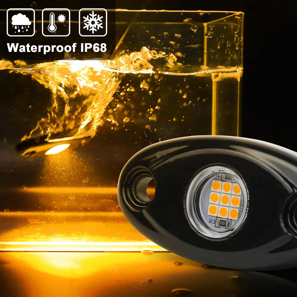 Yellow LED Rock Lights, 2 Pods Yellow Underglow Rock Lights Waterproof IP68 Compatible with Truck Pickups Jeep Cars ATV UTV SUV Motorcycle Boat