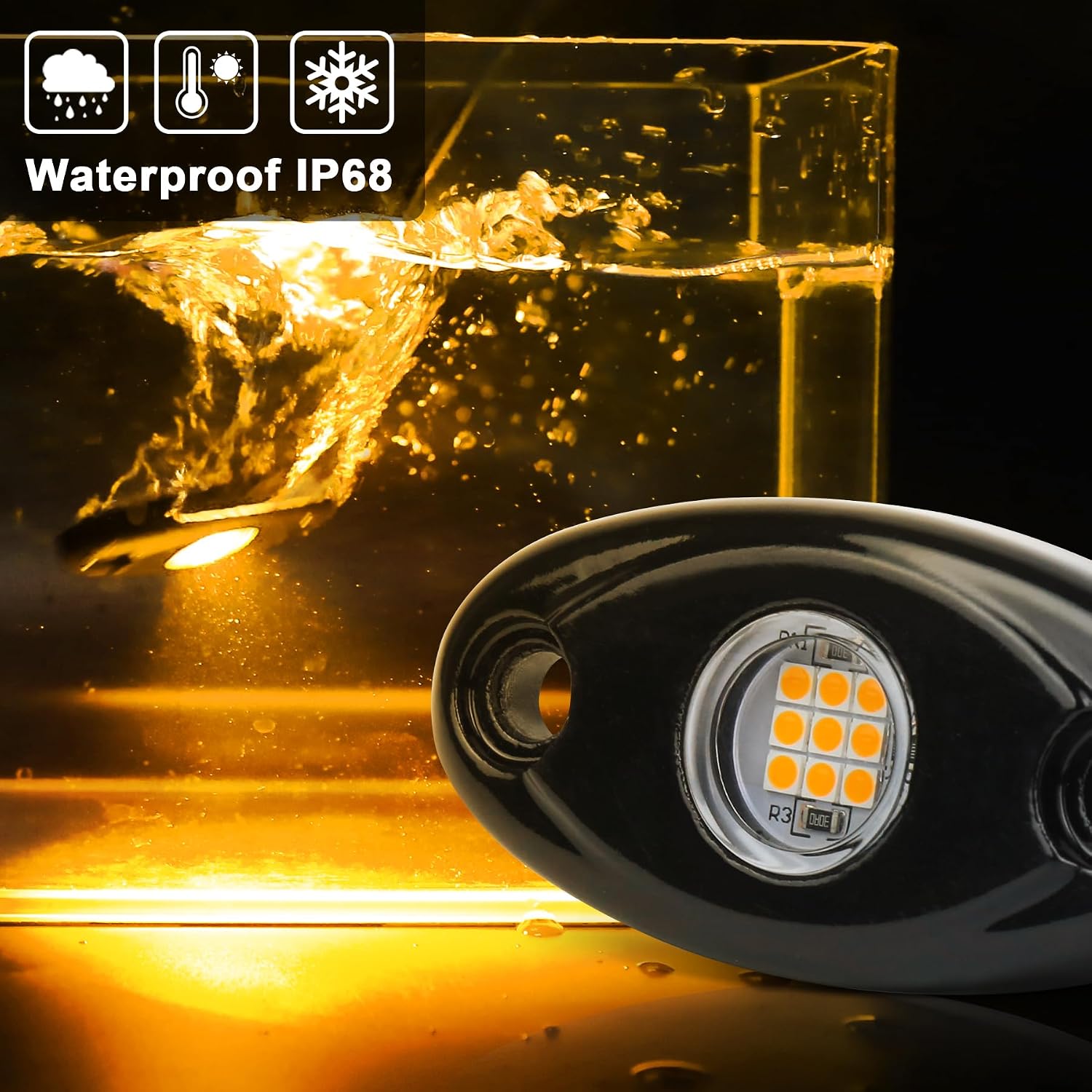 Yellow LED Rock Lights, 2 Pods Yellow Underglow Rock Lights Waterproof IP68 Compatible with Truck Pickups Jeep Cars ATV UTV SUV Motorcycle Boat