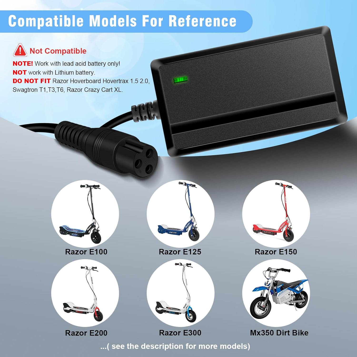 Razor Charger for Razor Electric Scooter MX350 Dirt Bike E100 E175 E200 E200S E300 E300S E500 Pocket Mod Sports Mod and Dirt Quad Razor Scooter Charger Replacement 24V 1500mA
