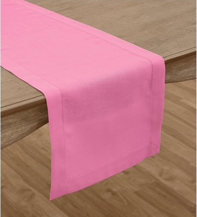 Solino Home Linen Table Runner 36 Inches - 100% Pure Linen Flamingo Pink Hems...