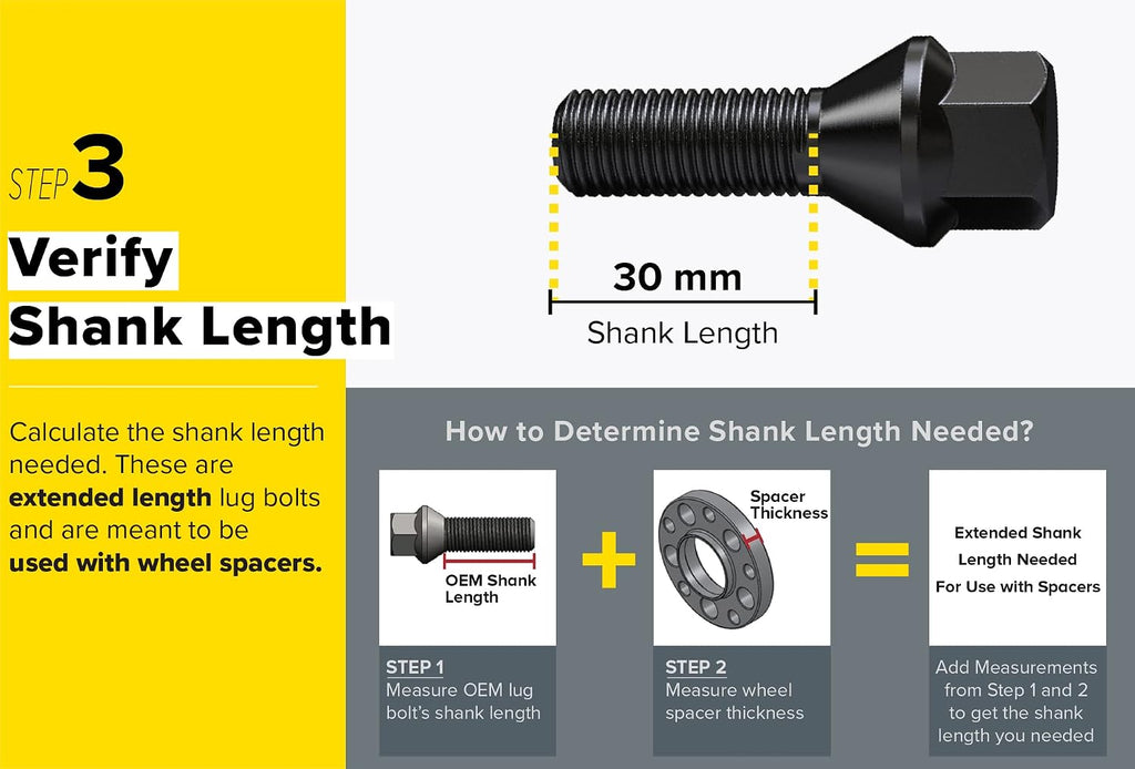 10pcs Extended Black 12x1.5 Lug Bolts (30mm Shank Length, Cone Seat) Not OEM Length - Compatible with BMW 128i 135i 318i 320i 325i 328i 335i M3 525i 528i 530i 535i M5 Z3 Z4 E36 E46 E60 E90 E92 E93