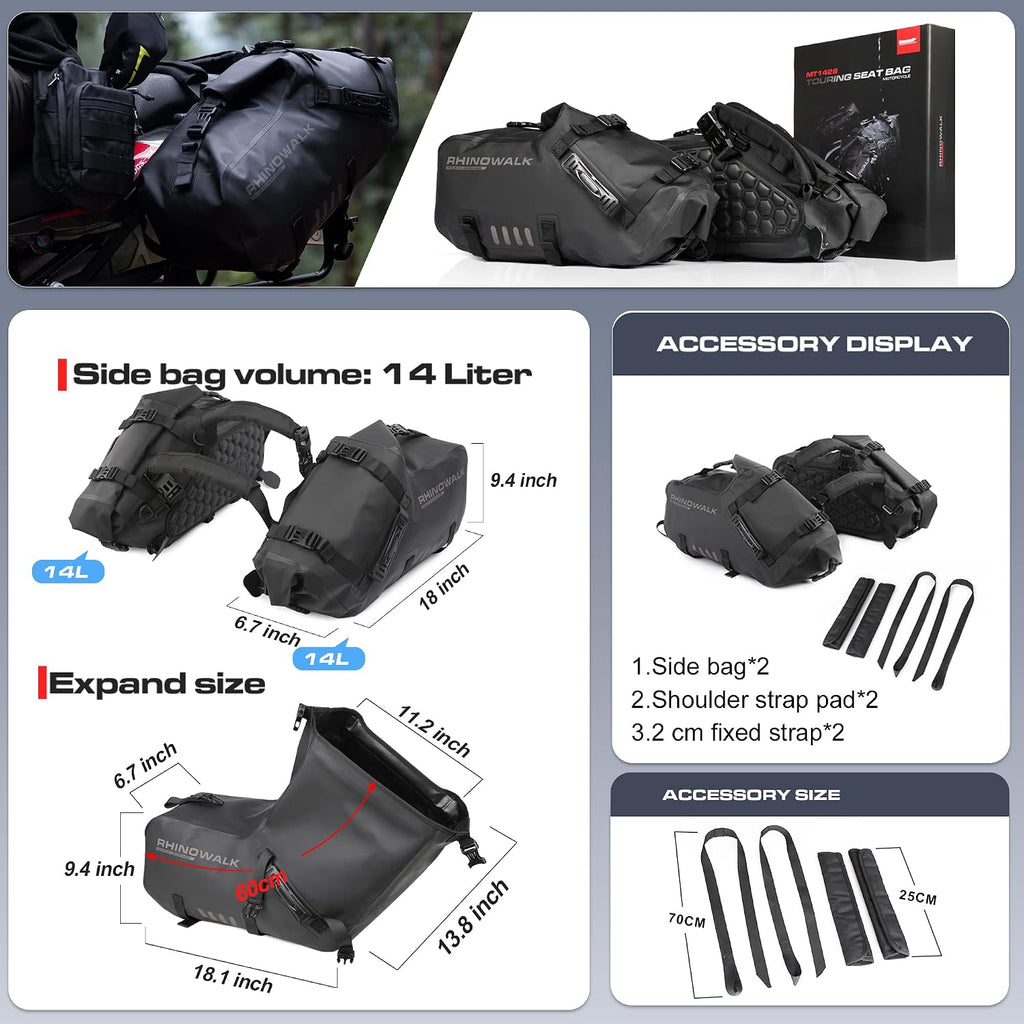 Rhinowalk Motorcycle Saddlebags 28L(14L*2) Waterproof Motorbike Side Bags, Travel Luggage Panniers with Shoulder Strap for Adventure & Sport Motorcycle Racks, 1 Pair