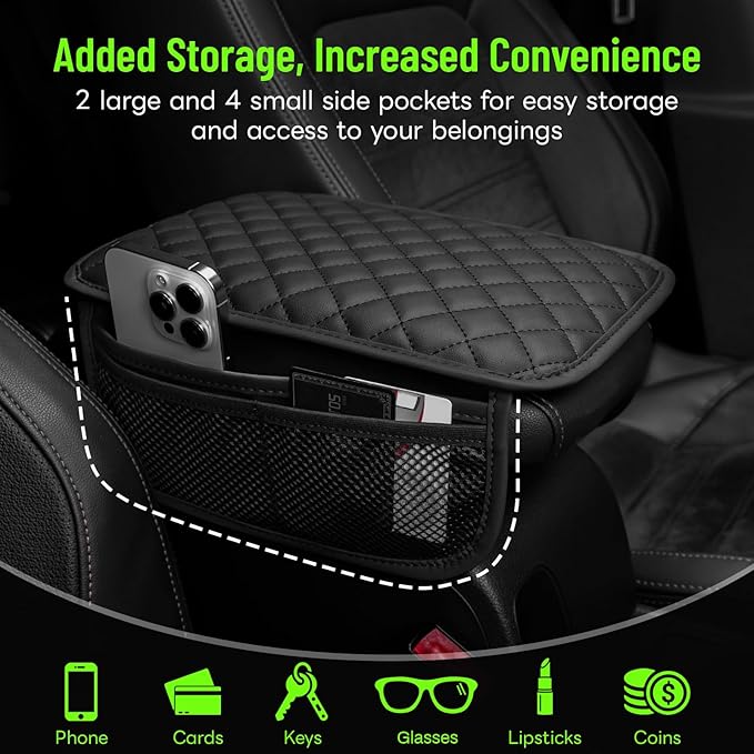 Car Center Console Cover with 6 Storage Pockets, Leather Car Arm Rest Cover - Image 3