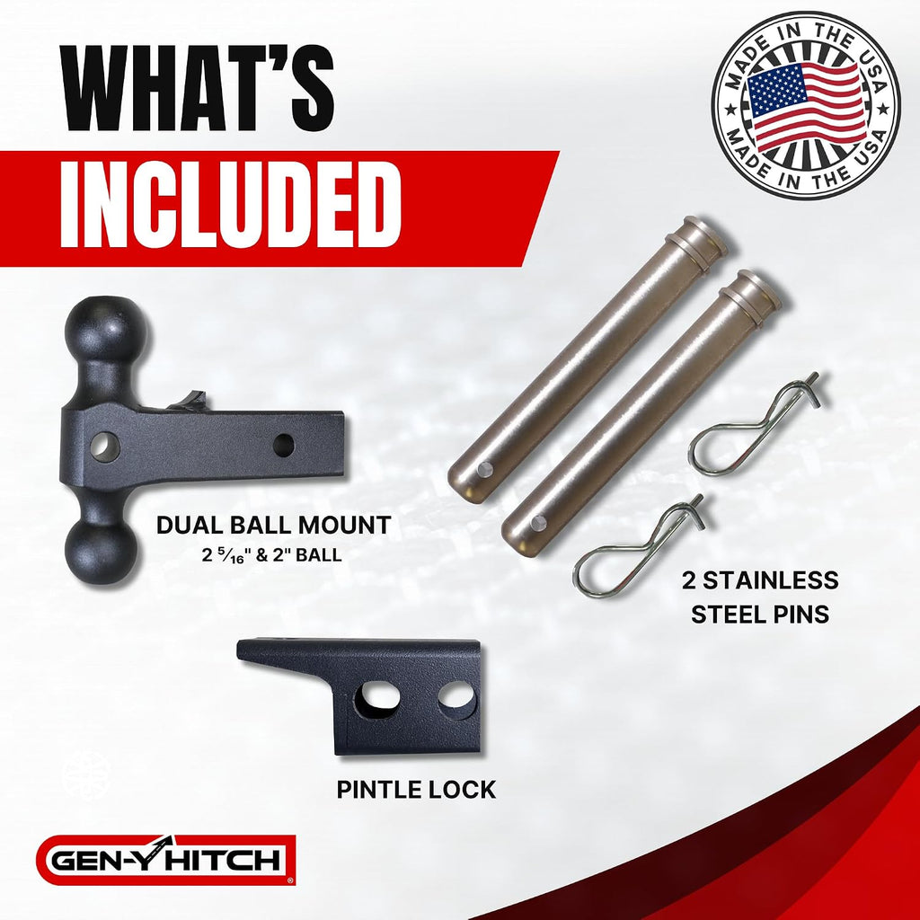 GEN-Y Hitch Tow Hitch for 2" Receiver - 5" Drop/Rise with 3 Adjustable Positions, Includes Dual Ball Mount, Pintle Lock and 2 Locking Pins, 16,000 lbs Towing Capacity, 2,000 lbs Tongue Weight