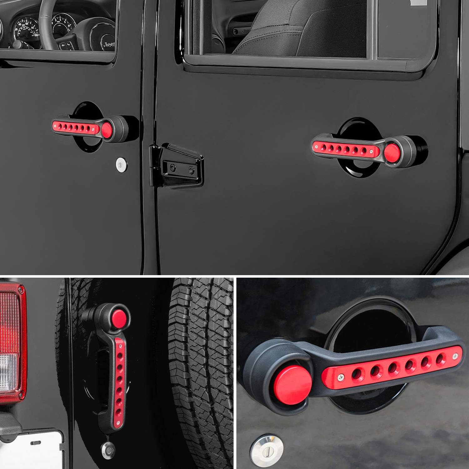 E-cowlboy Grab Handle Inserts Cover+Push Button Knobs Cover Trim for Jeep Wrangler JK JKU Sahara Rubicon Unlimited 2007-2018 Exterior Door Handle Decoration Accessories Aluminum (Red)