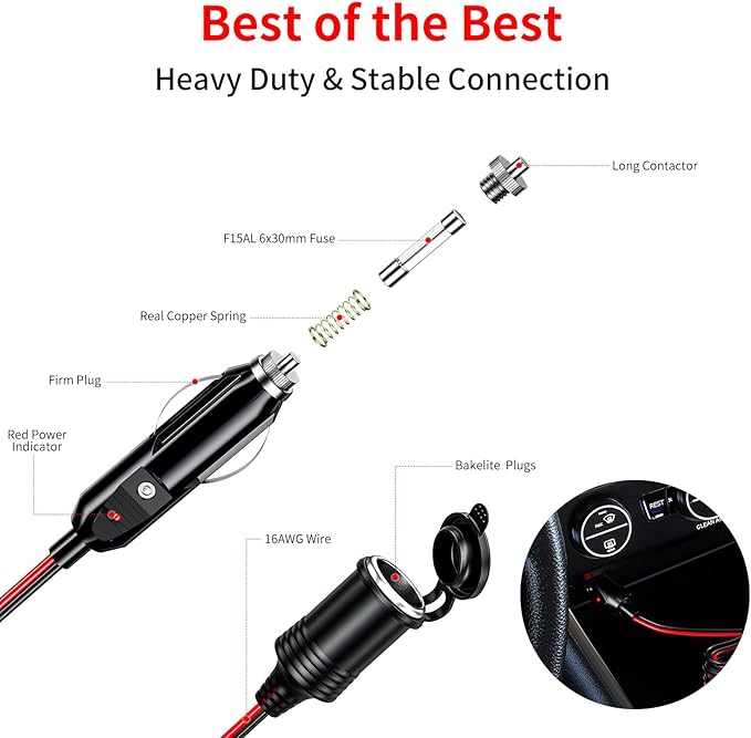 KEWIG 12/24V Car Cigarette Lighter Extension Cord - 26FT Cigarette Lighter Plug - Image 3