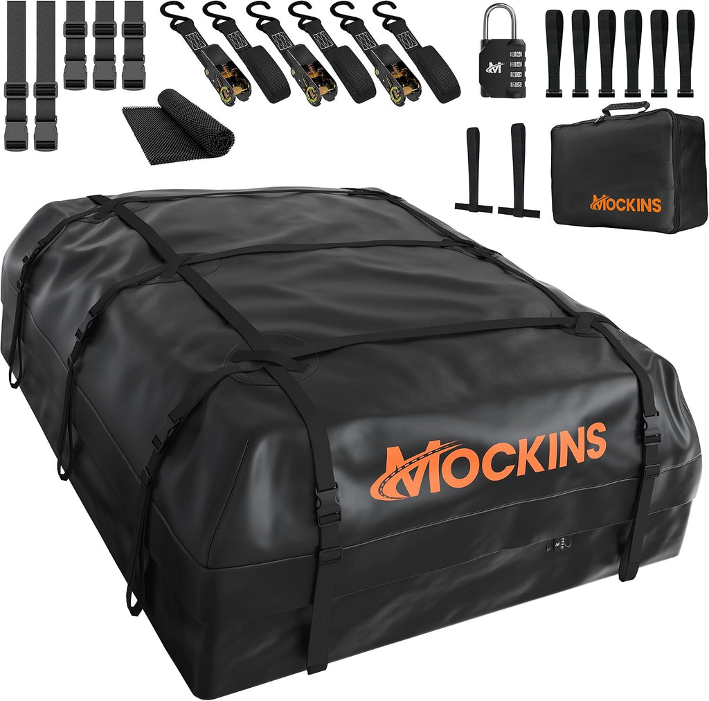Mockins 40 CuFt XXL Soft-Shell Car Roof Bag 72"x48"x20" with Accessories | Waterproof Rooftop Cargo Carrier for Top of Vehicle | Car Top Carrier Without Roof Rack for Car, Truck, SUV, Van & RV