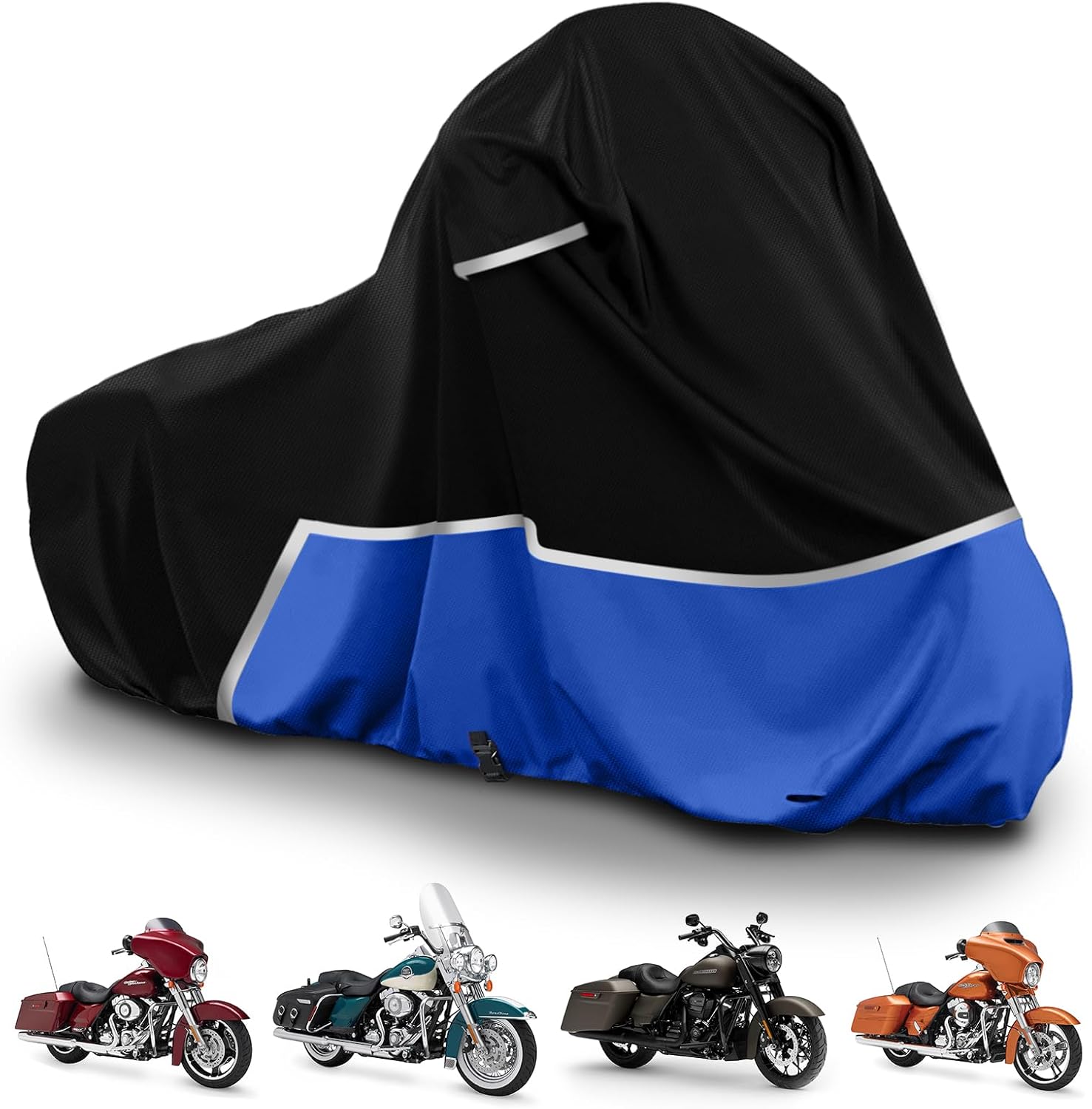 Waterproof Motorcycle Cover Compatible with Harley Davidson Electra Glide/Road King/Street Glide/CVO Road Touring Without Trunk Models, 420D Oxford Cloth Cover for Snow Rain Dust Protection