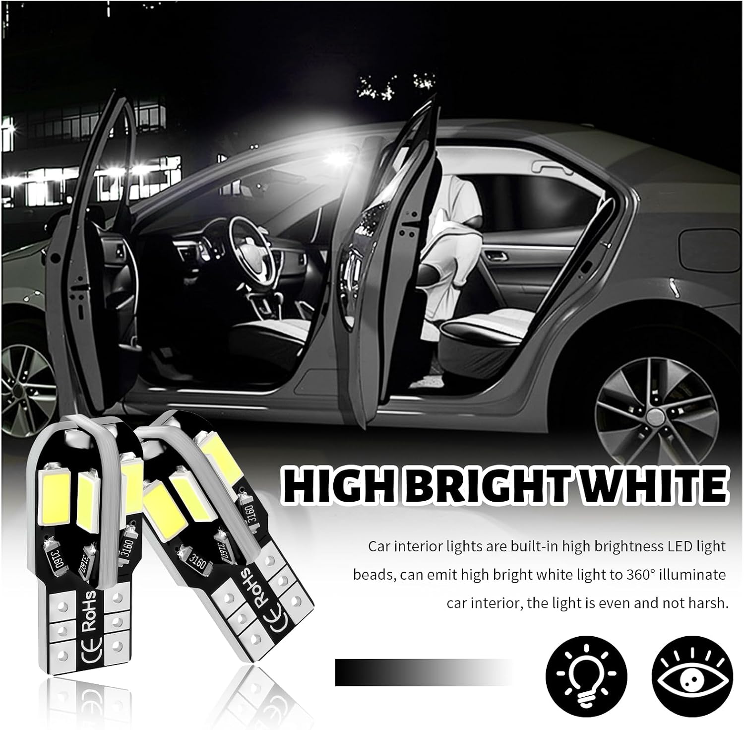 10PCS Interior Car Lights,12V T10 LED Bulb Car Interior Light with High Bright White,Universal Cars LED Lights as License Plate/Reading/Map/Dome Light Cars Accessories