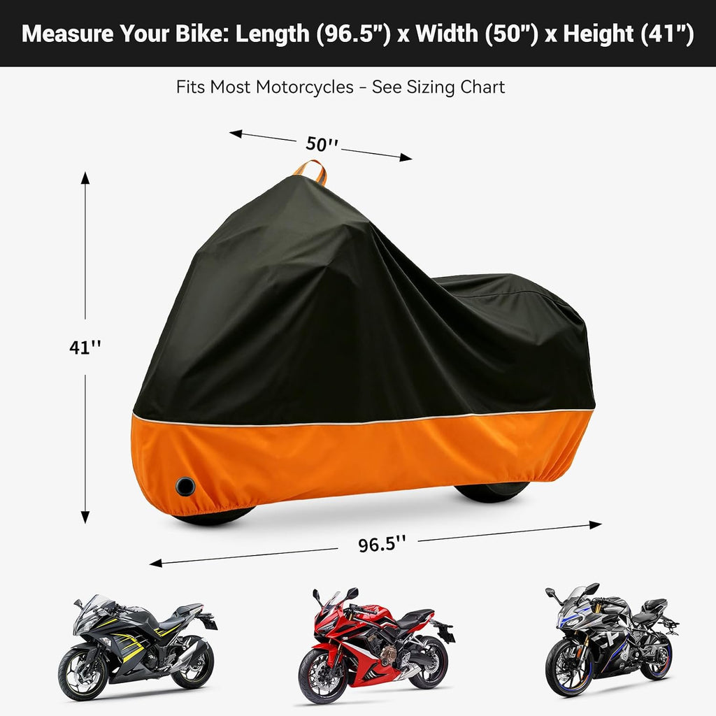 Motorcycle Cover All Season Waterproof Sun Outdoor Protection, Fits up to 96.5" Motorcycle Powersports Vehicle Covers, Black and Orange (Lockholes & Storage Bag)