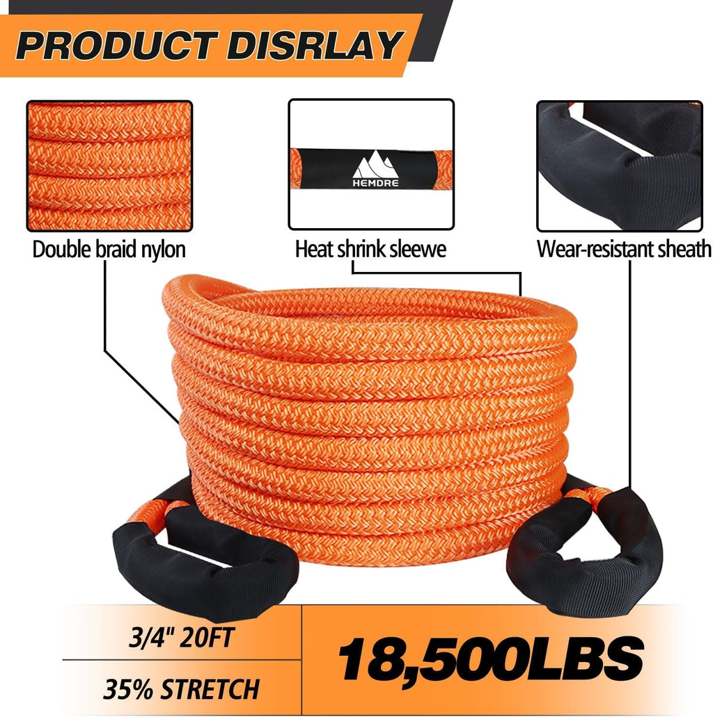 Heavy Duty Kinetic Recovery Rope 18,500 lbs, Nylon Tow Ropes for Trucks SUV | 35% Stretchable 3/4'' x 20ft Kinetic Recovery Tow Rope with Reflectie Vest, Off Road Tow Strap for Jeep UTV ATV, Tangerine
