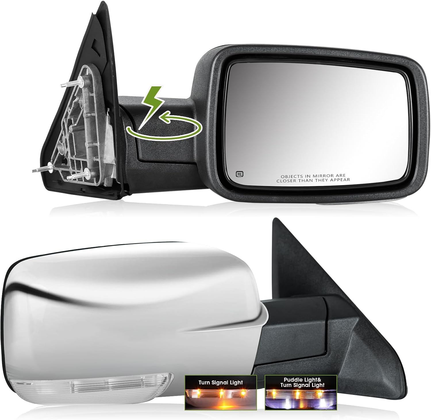 Chrome Power Folding Side Mirrors for Dodge Ram - Heated Tow Mirrors with Turn Signal & Puddle Light - Compatible with Ram 1500 (2009-2018), 2500/3500 (2010-2024), 1500 Classic (2019-2024)