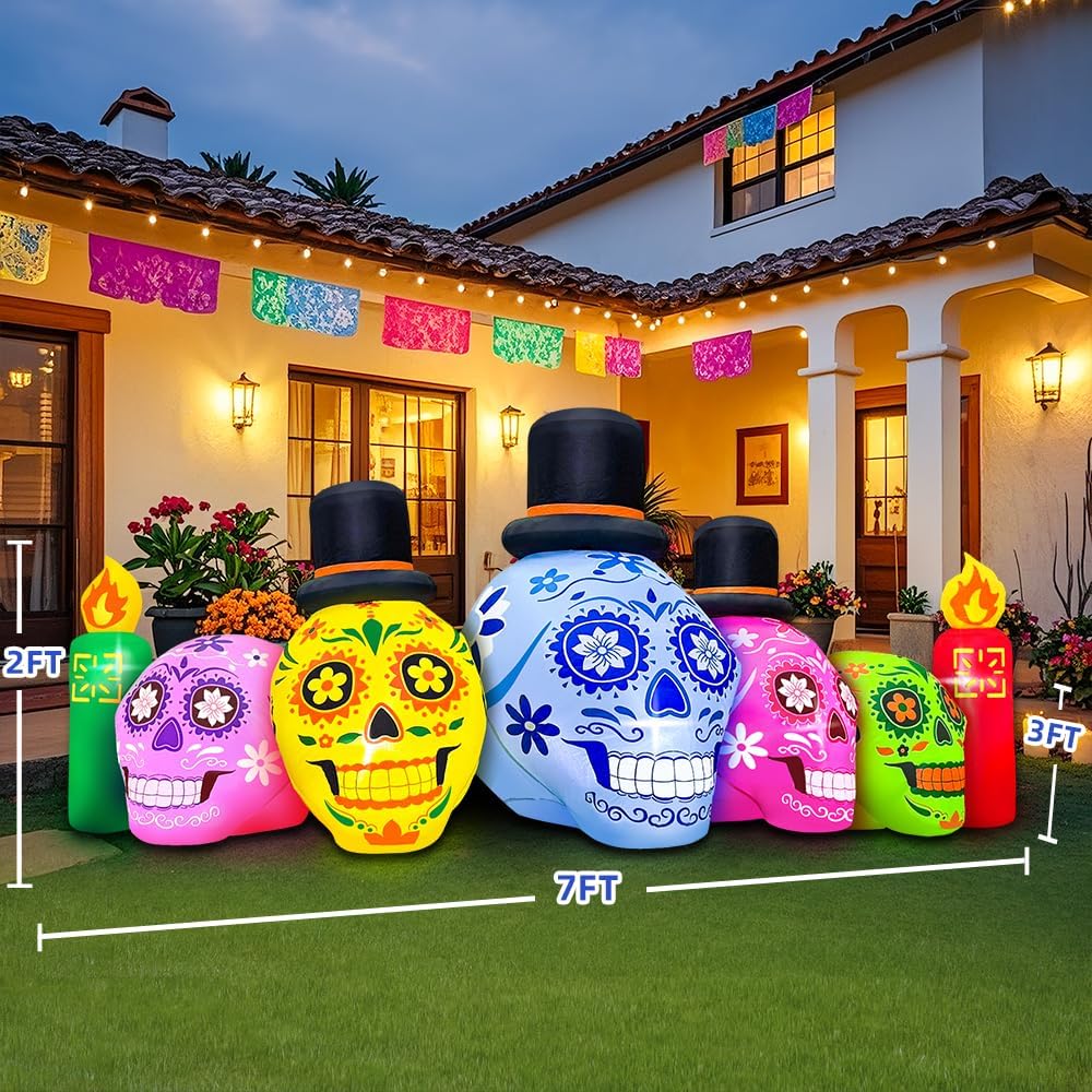 7FT Halloween Inflatable Blow Up Decorations, Dia de Los Muertos Decorations,...