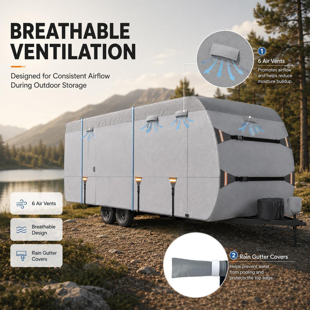 Travel Trailer RV Cover for 2025 Forest River Surveyor Legend 296QBLE, Nonwoven Fabric with Water Resistant Construction, Air Vents, Adjustable Straps for Outdoor Storage