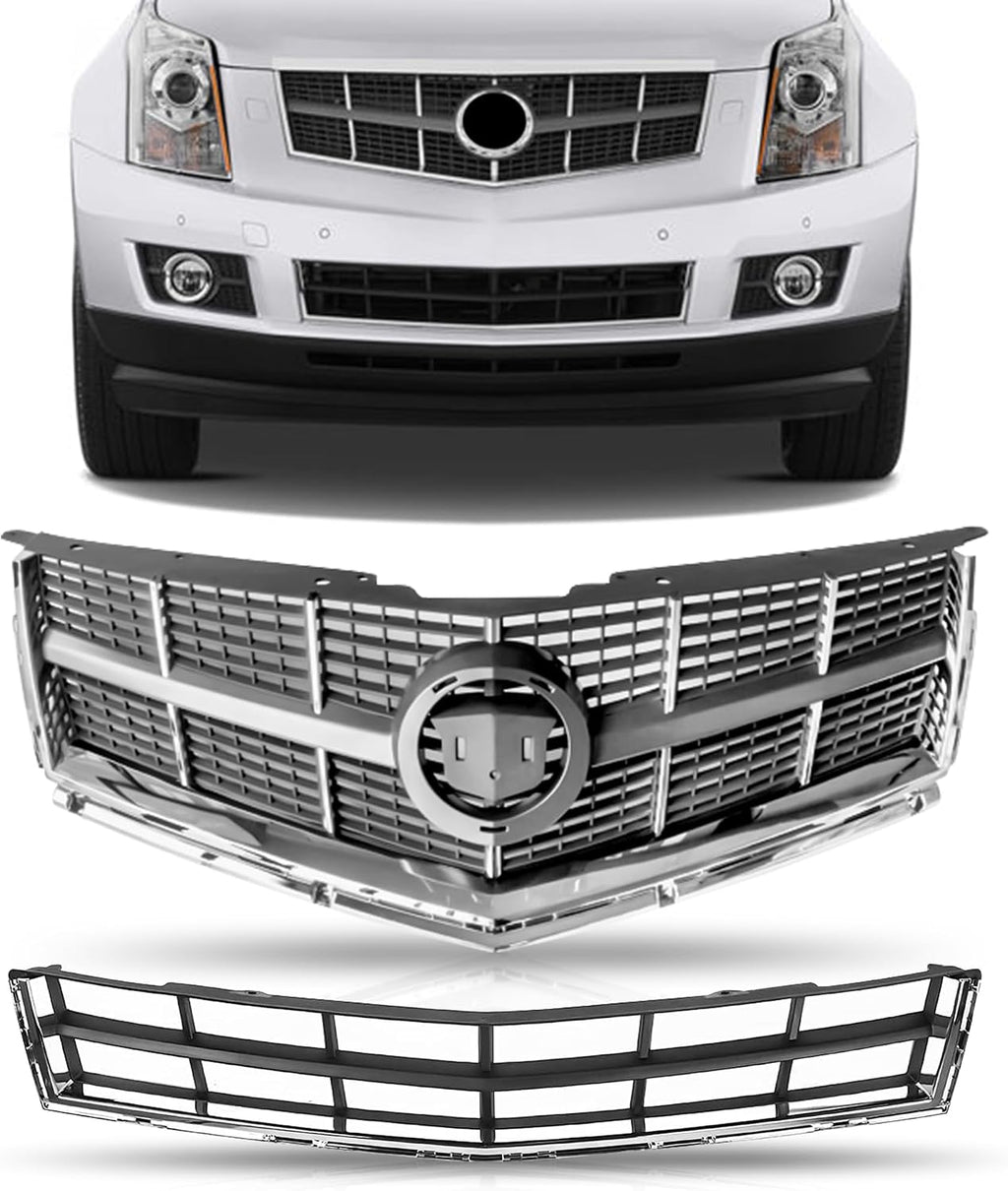 PartsFlow Chrome Black Front Bumper Upper Lower Mesh Grille Grill For 2010 2011 2012 Cadillac SRX 25778326 104-2225