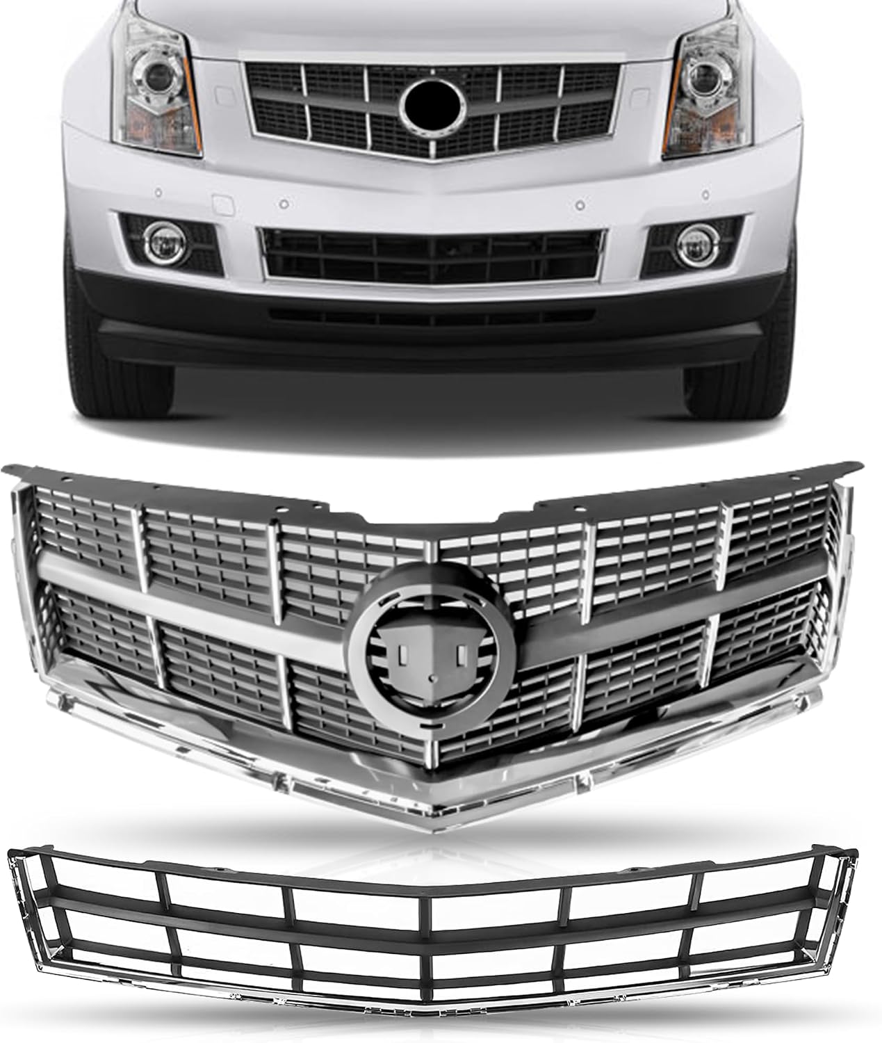 PartsFlow Chrome Black Front Bumper Upper Lower Mesh Grille Grill For 2010 2011 2012 Cadillac SRX 25778326 104-2225