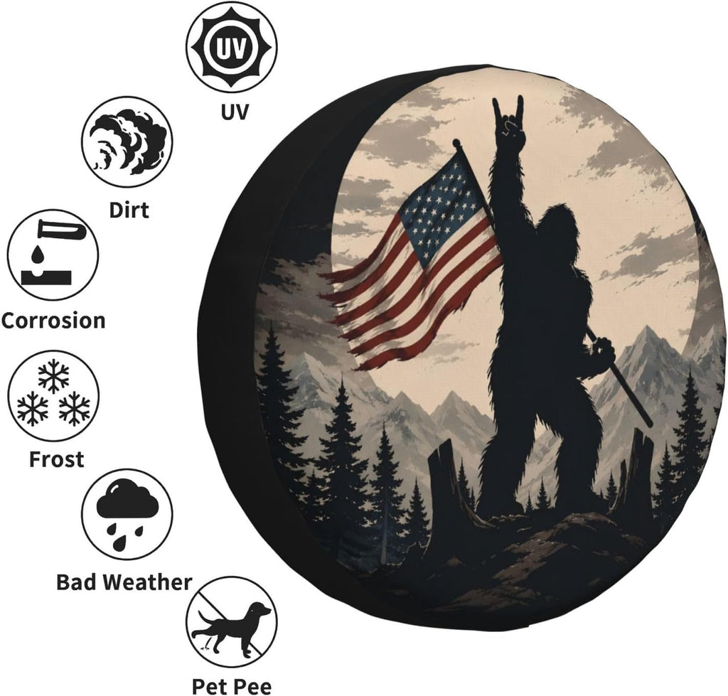 Patriotic Bigfoot Spare Tire Cover for RV Camper SUV Truck, Waterproof Polyester Tire Wheel Cover, Universal Fit Outdoor Spare Wheel Protector with 15in