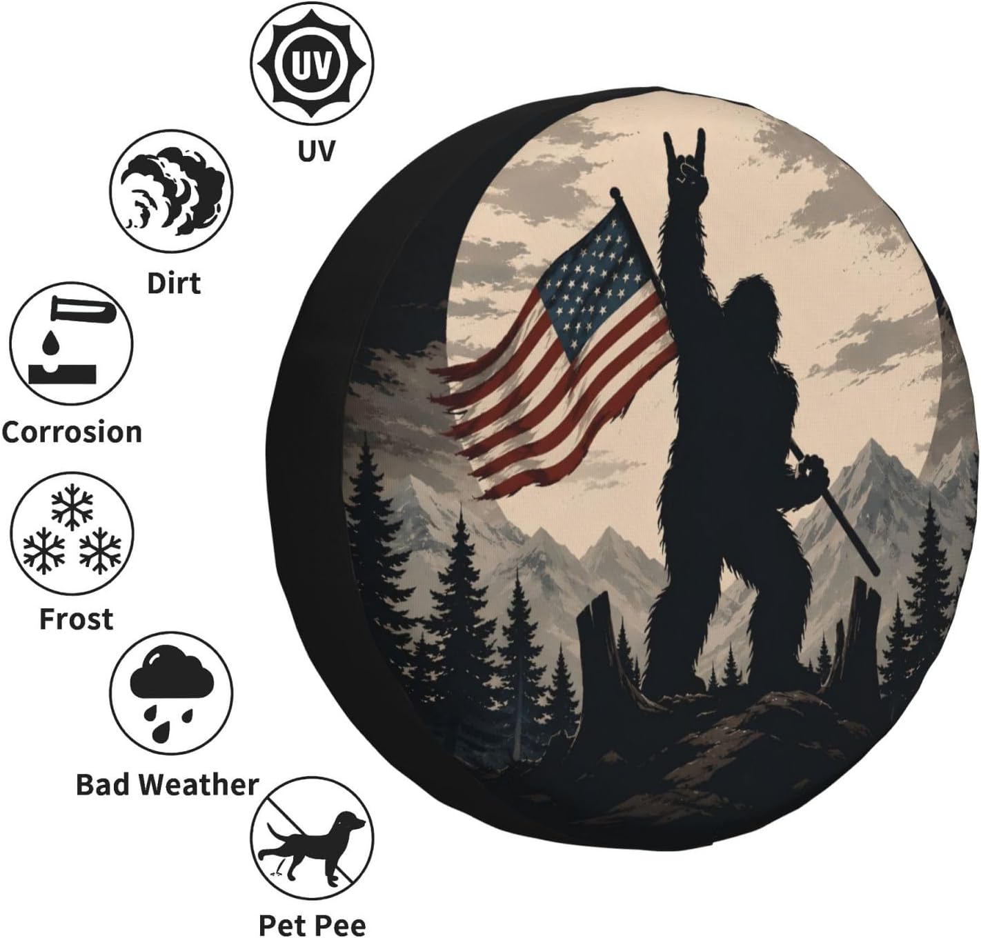 Patriotic Bigfoot Spare Tire Cover for RV Camper SUV Truck, Waterproof Polyester Tire Wheel Cover, Universal Fit Outdoor Spare Wheel Protector with 15in
