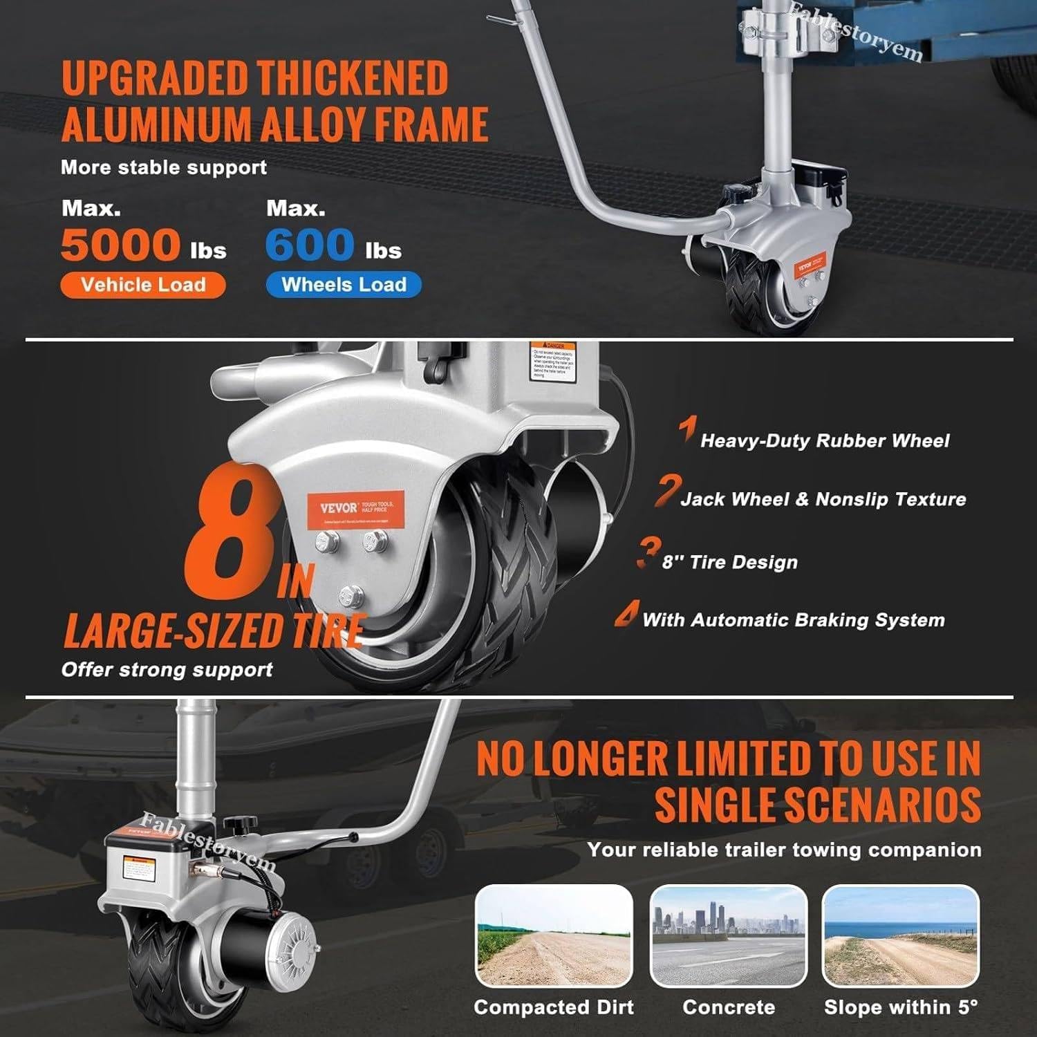 350W 12V Electric Trailer Dolly, Trailer Jockeys Wheel with 23 FT/min Moving Speed, 8" Rubber Tire, 5000lbs Towing Capacity, for Moving Caravan Boat